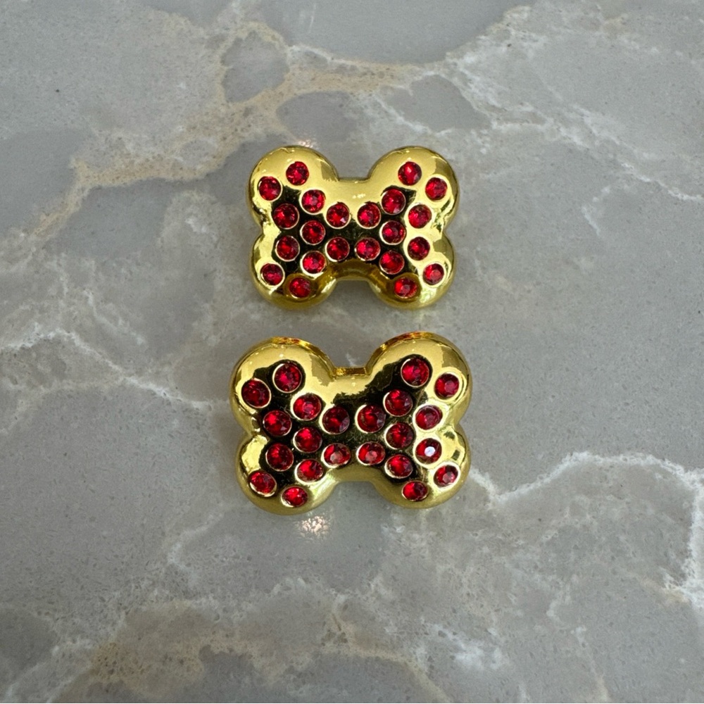 BONEFLY NEW Swarovski red in gold tone bone shaped collar charms dogs set 2 new